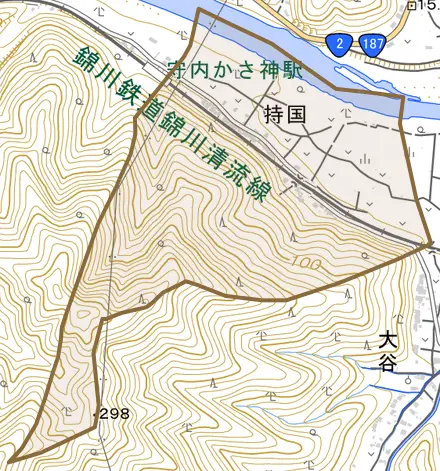 持国とその周辺の地図。町の範囲を重ねている