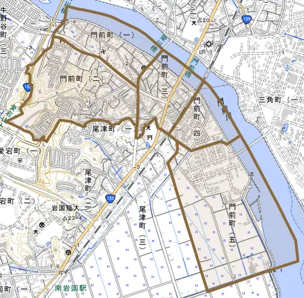 門前町とその周辺の地図。町の範囲を重ねている