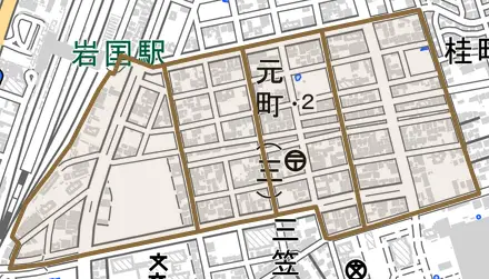元町とその周辺の地図。町の範囲を重ねている