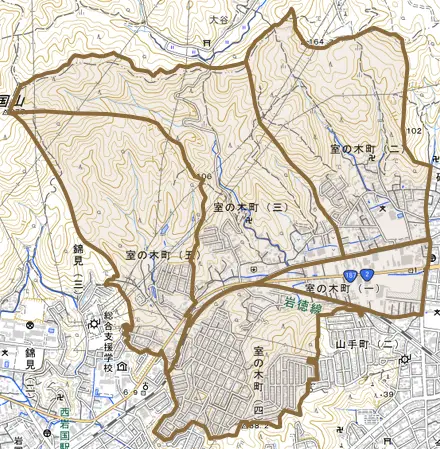 室の木町とその周辺の地図。町の範囲を重ねている