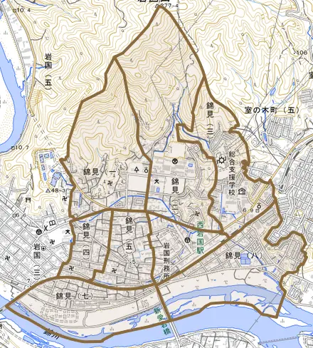 錦見とその周辺の地図。町の範囲を重ねている