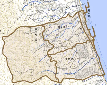 青木町とその周辺の地図。町の範囲を重ねている