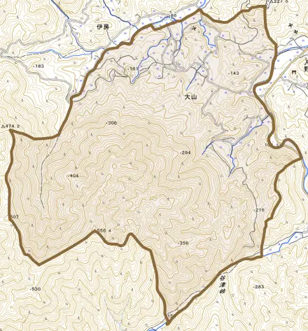 大山とその周辺の地図。町の範囲を重ねている