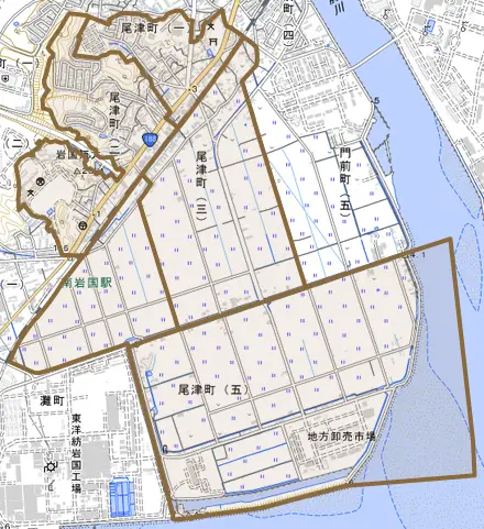 尾津町とその周辺の地図。町の範囲を重ねている