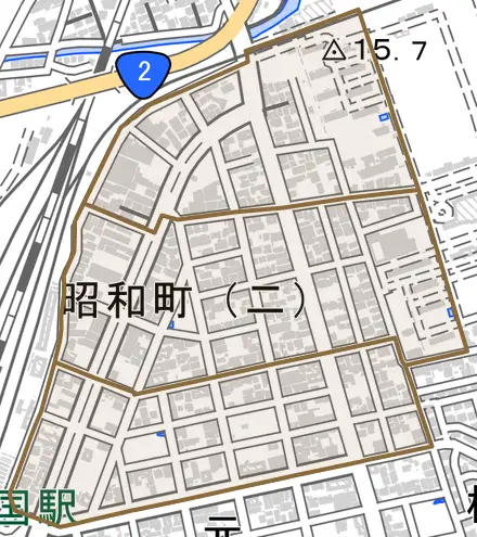 昭和町とその周辺の地図。町の範囲を重ねている