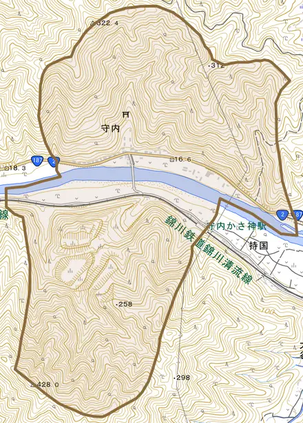 守内とその周辺の地図。町の範囲を重ねている