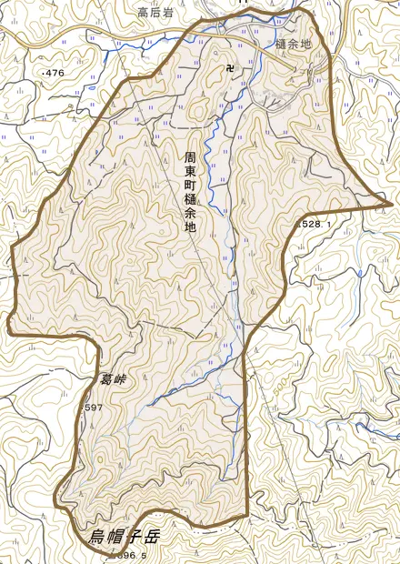 周東町樋余地とその周辺の地図。町の範囲を重ねている