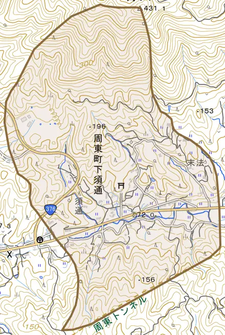 周東町下須通とその周辺の地図。町の範囲を重ねている