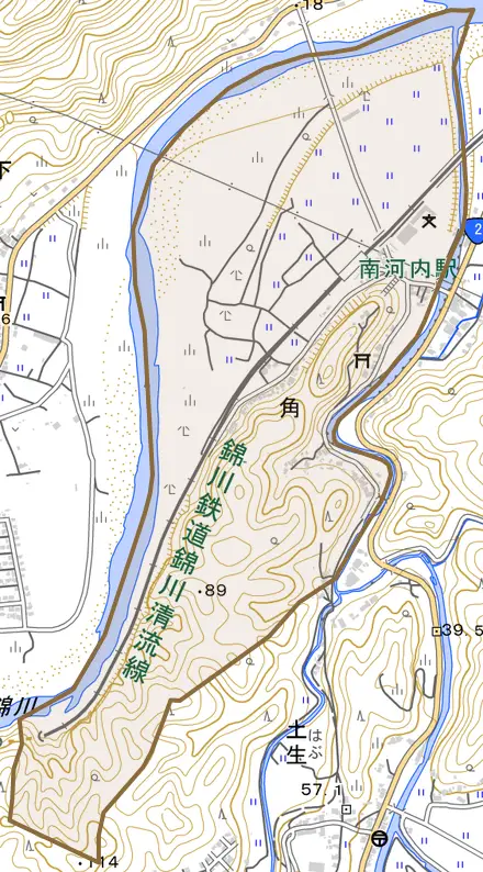 角とその周辺の地図。町の範囲を重ねている