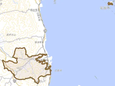 由宇町とその周辺の地図。町の範囲を重ねている