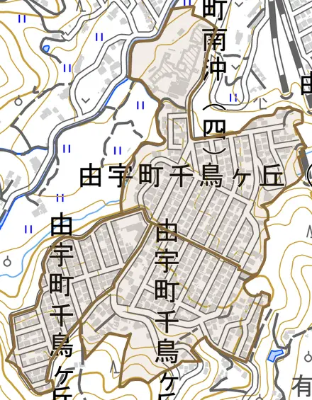 由宇町千鳥ヶ丘とその周辺の地図。町の範囲を重ねている