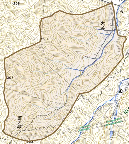 大谷とその周辺の地図。町の範囲を重ねている