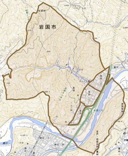 多田とその周辺の地図。町の範囲を重ねている
