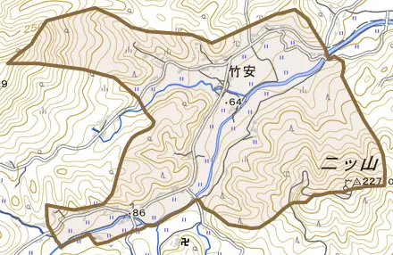 竹安とその周辺の地図。町の範囲を重ねている