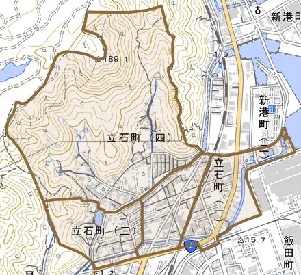 立石町とその周辺の地図。町の範囲を重ねている