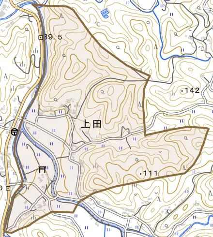 上田とその周辺の地図。町の範囲を重ねている