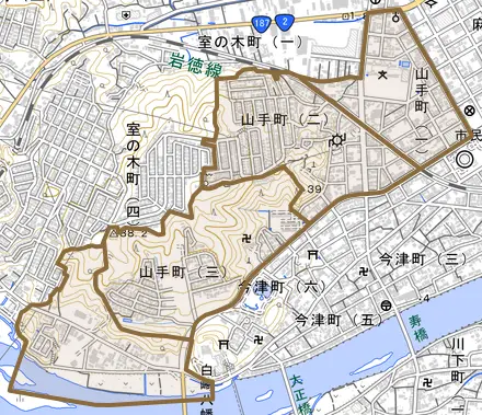 山手町とその周辺の地図。町の範囲を重ねている