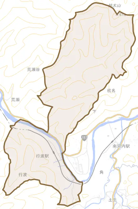 行波とその周辺の地図。町の範囲を重ねている