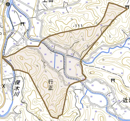 行正とその周辺の地図。町の範囲を重ねている