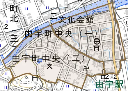 由宇町中央とその周辺の地図。町の範囲を重ねている