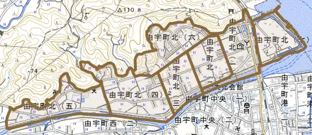 由宇町北とその周辺の地図。町の範囲を重ねている