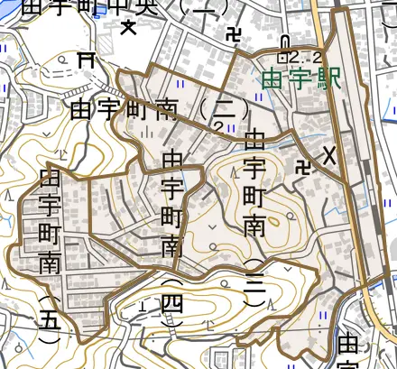由宇町南とその周辺の地図。町の範囲を重ねている
