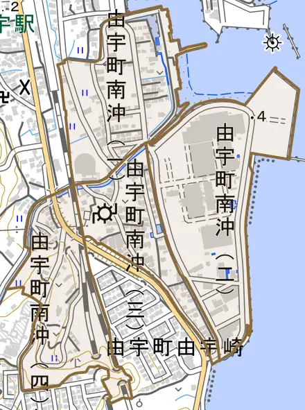 由宇町南沖とその周辺の地図。町の範囲を重ねている