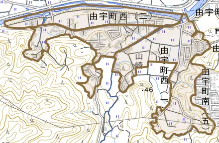 由宇町西とその周辺の地図。町の範囲を重ねている