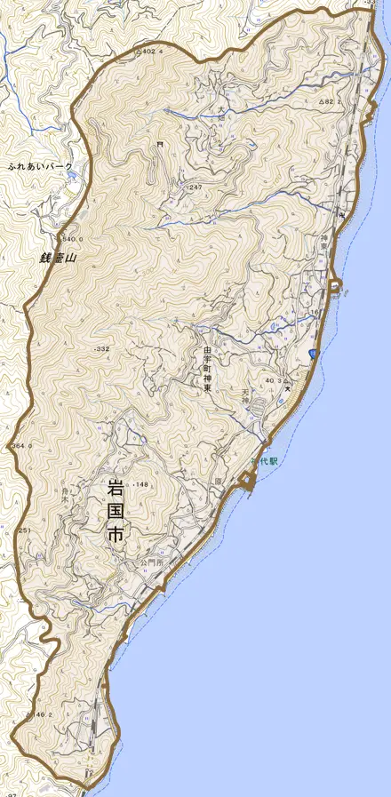 由宇町神東とその周辺の地図。町の範囲を重ねている