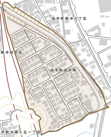 由宇町由宇崎とその周辺の地図。町の範囲を重ねている