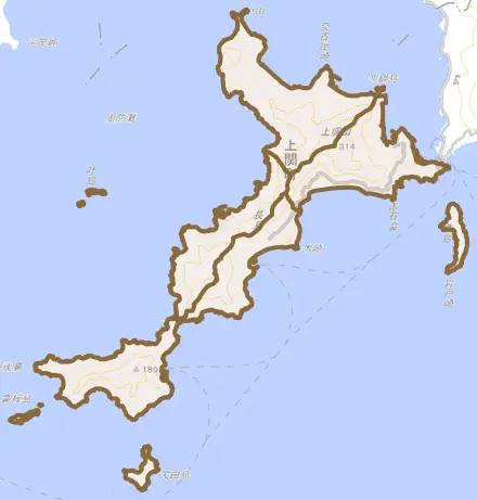 大字長島とその周辺の地図。町の範囲を重ねている