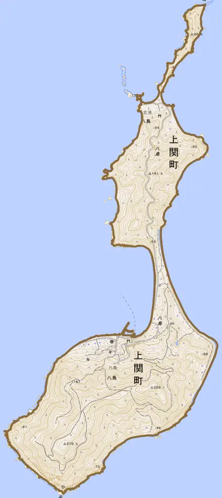 大字八島とその周辺の地図。町の範囲を重ねている
