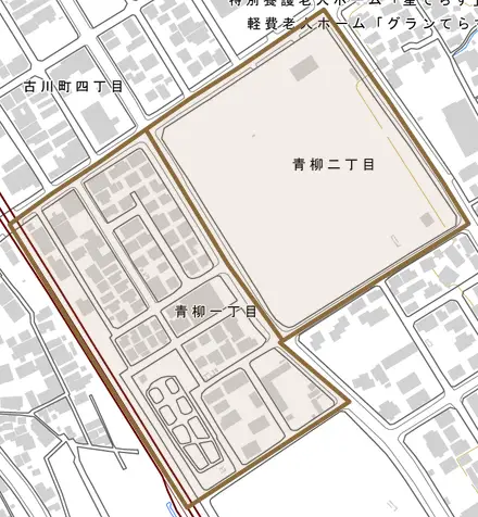 青柳とその周辺の地図。町の範囲を重ねている