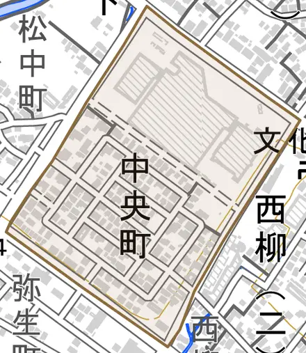 中央町とその周辺の地図。町の範囲を重ねている