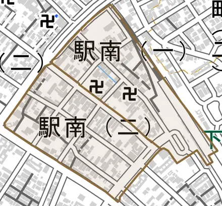 駅南とその周辺の地図。町の範囲を重ねている