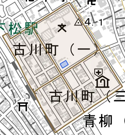 古川町とその周辺の地図。町の範囲を重ねている