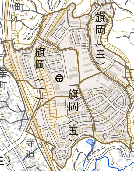旗岡とその周辺の地図。町の範囲を重ねている