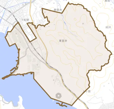 大字東豊井とその周辺の地図。町の範囲を重ねている