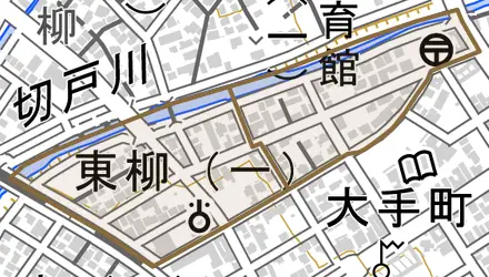 東柳とその周辺の地図。町の範囲を重ねている