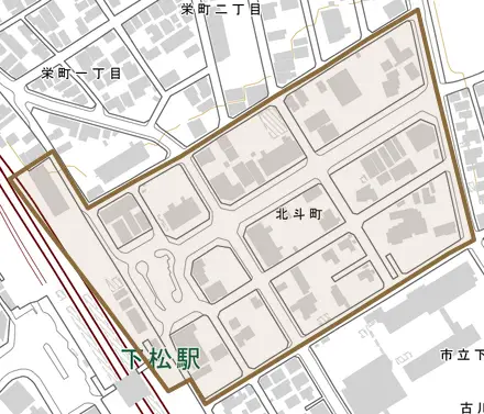 北斗町とその周辺の地図。町の範囲を重ねている