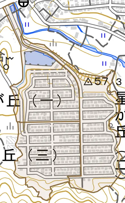 星が丘とその周辺の地図。町の範囲を重ねている