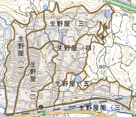 生野屋とその周辺の地図。町の範囲を重ねている