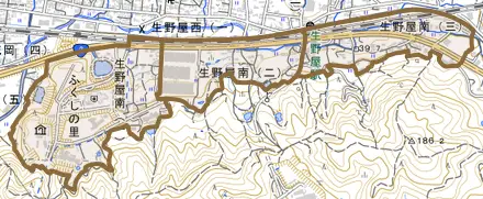 生野屋南とその周辺の地図。町の範囲を重ねている