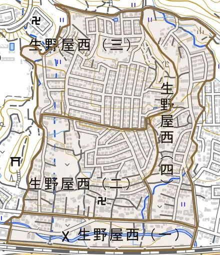 生野屋西とその周辺の地図。町の範囲を重ねている