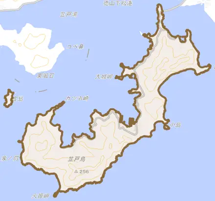 大字笠戸島とその周辺の地図。町の範囲を重ねている