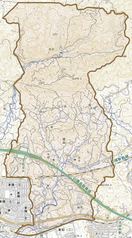 大字切山とその周辺の地図。町の範囲を重ねている