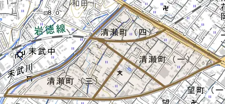 清瀬町とその周辺の地図。町の範囲を重ねている