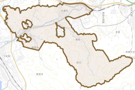 大字河内とその周辺の地図。町の範囲を重ねている