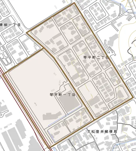 琴平町とその周辺の地図。町の範囲を重ねている