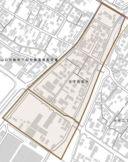 中島町とその周辺の地図。町の範囲を重ねている